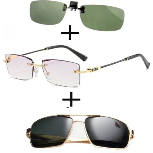 3Pcs!!! Rimless Frameless Luxury Reading Glasses for Men Women + Alloy Polarized Sunglasses Pilot luxury + Sunglasses Clip