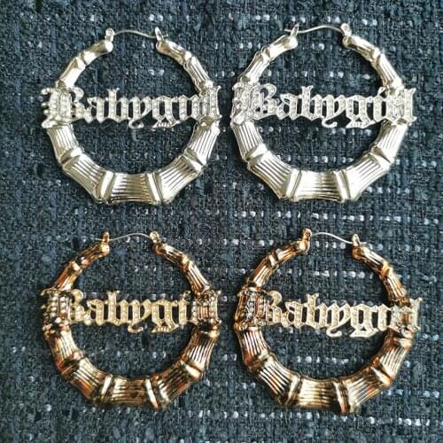 6.2cm New Hip Hop Big Alloy Bamboo Hoop Earrings For Women Fashion Crystal Letter Babygirl Hoop Earring Dance Jewelry Party Gift