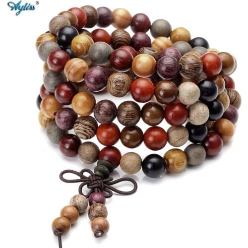 Ayliss 8mm Natural Wood Bracelets Buddha Buddhist Prayer Mala Beads 4-Row Bracelet Necklace 1pc Long Bracelet Jewelry