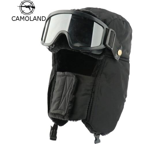 CAMOLAND Waterproof Bomber Hats With Goggles Mens Earflap Russian Ushanka Cap Thermal Faux Fur Pilot Hat Snow Caps