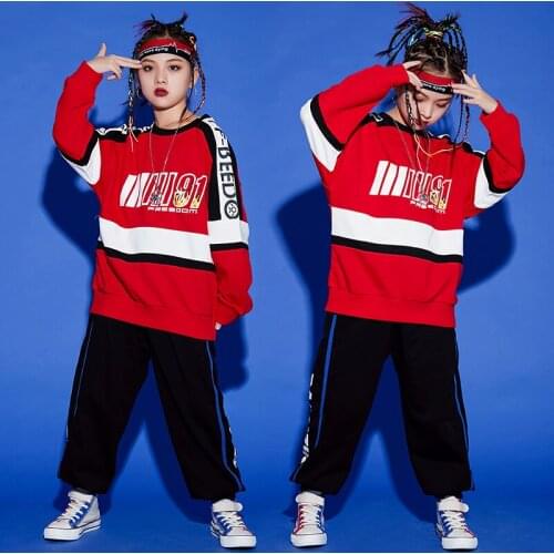 Kids Hip Hop Dance Costumes For Girls Red Long Sleeved Crop Tops Cargo Pants Stage Outfits Boys Jazz Modern Dance Wear DQS7867