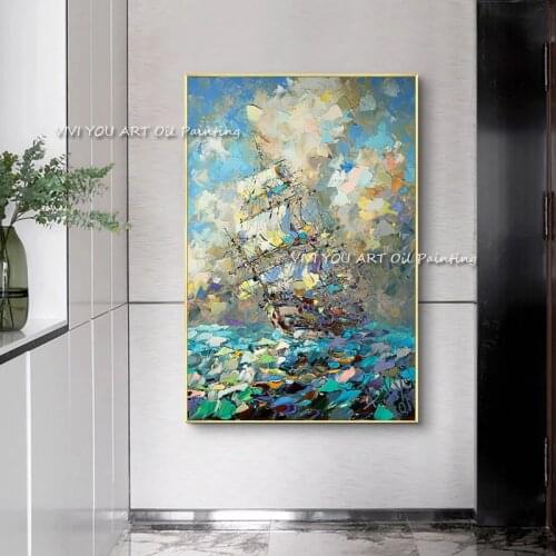 Large Size 100% Handmade Abstract blue Ocean white Sailboats Oil Painting On Canvas Wall Decor Painting Wall Picture No Frame