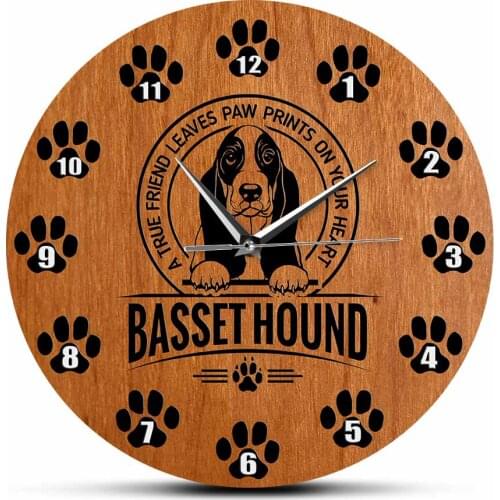 Basset Hound Puppy Dog Modern Design Wood Texture Wall Clock Silent Clock Watch For Bedroom French Basset Dog Lovers Home Decor