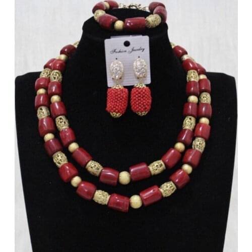 Dudo Store Red Coral Beads Jewelry Set With Gold Divider Beautiful Fine Jewelry 2 Layers Traditional Bridal Necklace Set 2019