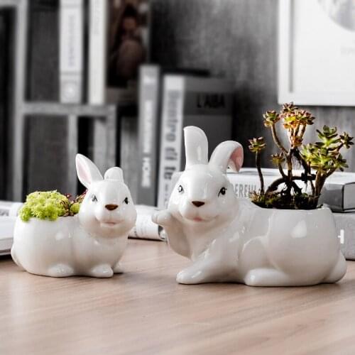 Creative Personality Cute White Rabbit Ceramic Flowers Pot Decoration Home Adornment Living Room Balcony Plant Flower Ornaments