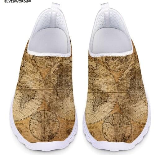 ELVISWORDS Womens Flats Shoes Retro Map 3D Pattern Casual Sneakers Spring Summer Ladies Light Air Mesh Beach Lazy Shoes Loafers