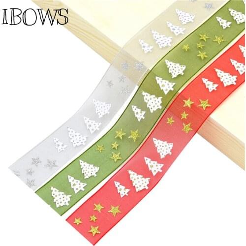 IBOWS 5meters 25mm Ribbon Christmas Tree Star Organza Ribbon for DIY Xmas Bows Materials Festival Party Decoration Gift Package