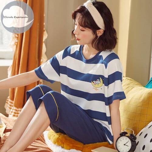 Summer Pajamas Set Short Sleeved Cartoon Cotton Female Sleepwear Womens Pajamas Size Pyjamas Loose Comfort Home Pijama Mujer