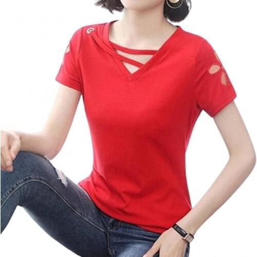70% Hot Sell Fashion Women Summer Short Sleeve T-shirt Stripes Hollow Shoulder Strap Blouse