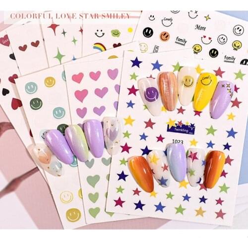 1 Pcs Love Cute Glitter Laser Nail Art Sticker Smiling Faces Nail Star Rainbow Foil 3D Decal
