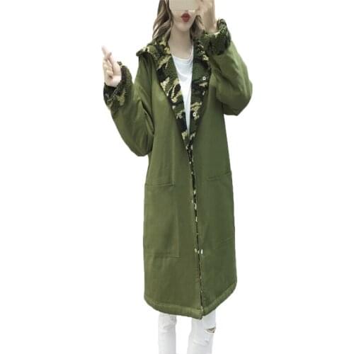 2019 New Winter Womens Long Sleeve Hooded Loose Medium Long Overcoat Fashion Camouflage Wool Single Breasted Korean Trench Coat