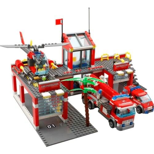 New 774pcs 8051 City Fire Station Truck Helicopter Firefighter minis Building Blocks Bricks Toys brinquedos toys for children