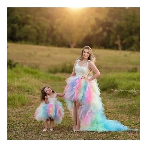 New In Colorful Mom And Me Tulle Tutu Dresses Hi Low With Straps With Train Extra Puffy Tiered Mother And Kids Photo Shoot G