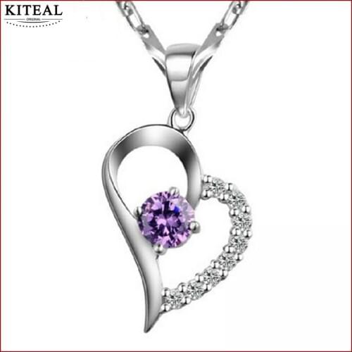 Bulk purple/clear Pendant Necklace Set Silver Jewelry Cubic Zircon Heart Pendant Necklace Lady Jewellery Accessories 925