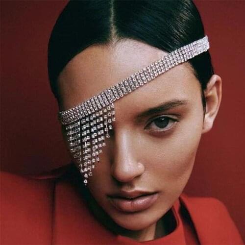 Bling Rhinestone Tassel Cover Eyes Round Head Chain Jewelry for Women Luxury Crystal Multiple Rows Bridal Headband Headpiece