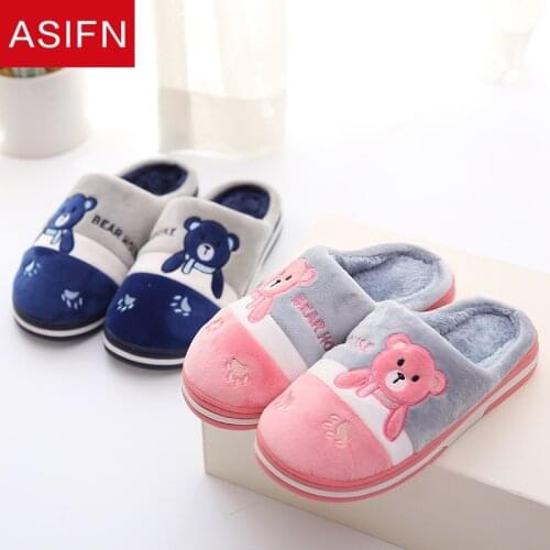 ASIFN Winter House Slippers Women Men Embroidered Cute Bear Non-slip Indoor Home Warm Cotton Couples Shoes Ladies Fur Slippers