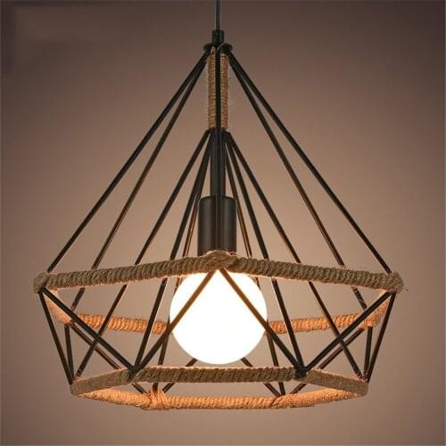 Industrial Vintage Cage Pendant Light Chandelier Retro Loft Pyramid Hemp Rope Lamp Style Cafe Dining restaurant Ceiling Lamp