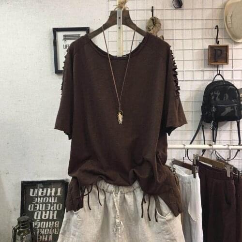 Hole Tassel Women T-shirts 2021 Summer New O-neck Solid Loose Female Lady Elegant Pulls Tops Tees Top Quality