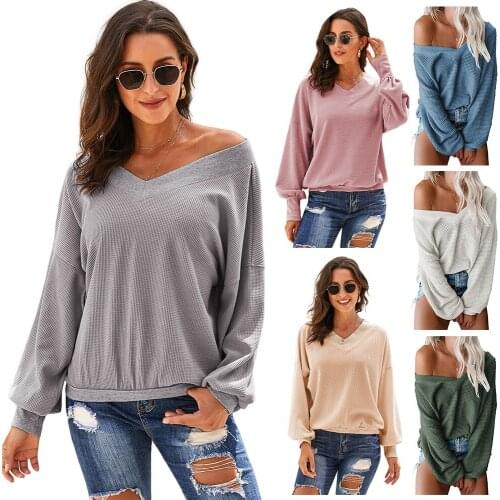 Loose Long-sleeved Top Womens Fall/winter 2021 New European and American Fashion Solid Color V-neck Casual Pullover T-shirt