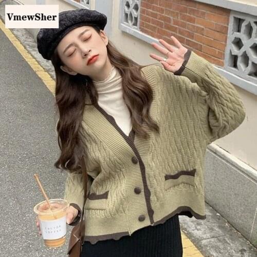 VmewSher New Vintage Autumn Spring Women Knitted Cardigan Sweater Female Stripped Coat Casual V Neck Single Breasted Outwear