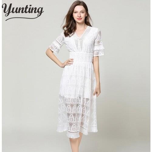 Women Fashion Summer Short Sleeve V-Neck Floral Embroidery Lace Dress Vestidos Robe Femme