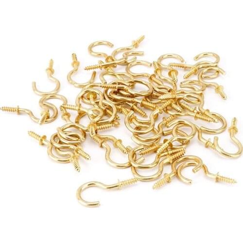 100pcs Brass Plated Steel Ceiling Cup Hook Screw Hook Clothes Hook Multi-Specification Household Ceiling Suspension Hardware