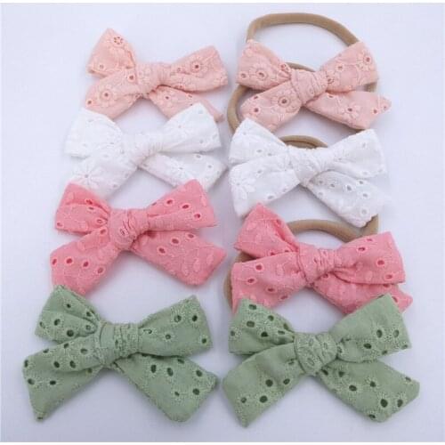 20 Pcs/Lot, Embroidery Lace Bow Hair Clips, Handtied Lace Fabric Bow Nylon Headbands For Kids Girls Hair Accessories