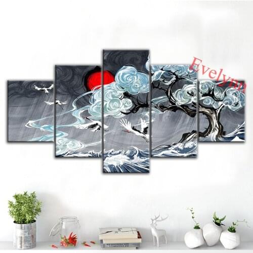 5 Pieces Japan Vintage Waves，Clouds，Crane Modern Canvas Hd Wall Art Print Modular Pictures for Living Room Home Decor Painting