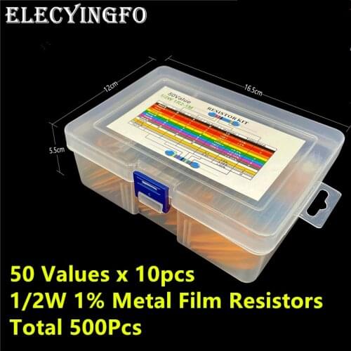 50 Values 1/2W 1% metal film resistors 5-Band-Code 1.2R-1M each 10 pieces Total 500 pieces Resistor Kit With Box