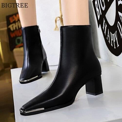 BIGTREE Luxury Female Chelsea Boots Metal Square Toe Retro Soft Leather Ankle Thick Heel 5cm Women Winter Warm Plush Shoes 34-40