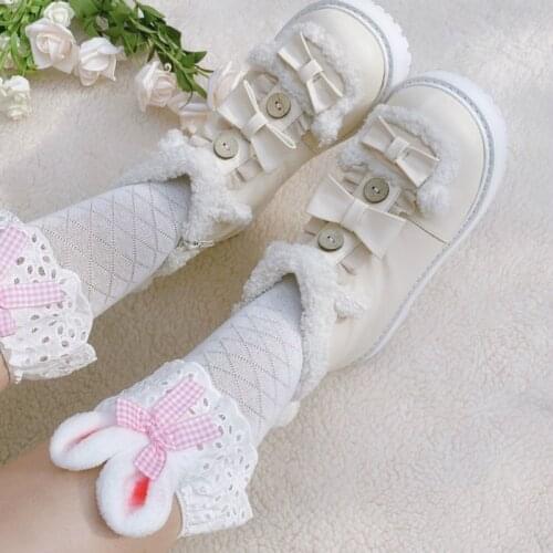 Mid Heel 4cm Winter Lolita Boots Female Kawaii Pu Anime Japanese Warm Velvet Bowknot High Top Lolita Shoes Pu Zipper Loli Shoes