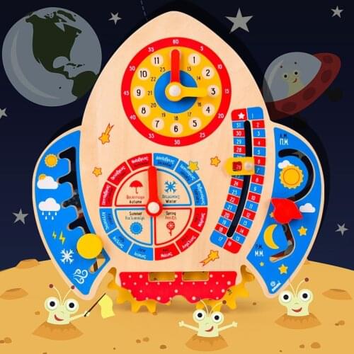 Wooden Digital Clock Puzzle Cartoon Rocket Calendar Board Games Time Cognition Toys for Children Early Childhood Education Toy