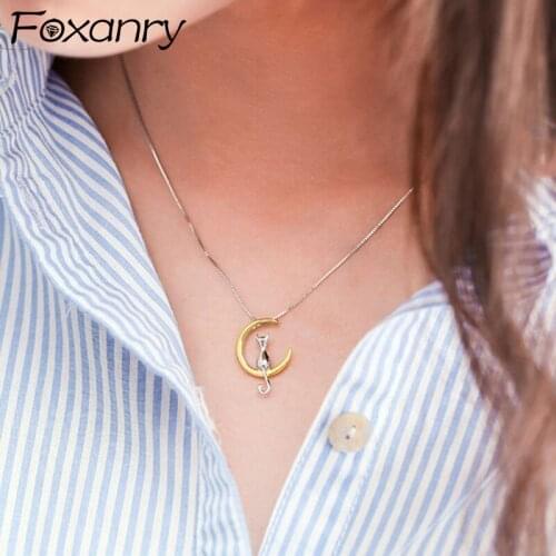 FOXANRY 925 Sterling Silver Necklace for Women New Trendy Elegant Creative Unique Moon Cat Design Party Jewelry Birthday Gifts