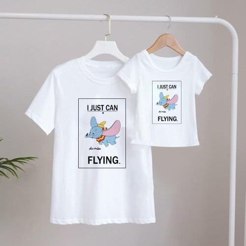 I CAN JUST FLYING Dumbo Elephant Printed T Shirts Summer White O-neck Tshirt Harajuku Girl Boys Kids Unisex Adult Family Clothes