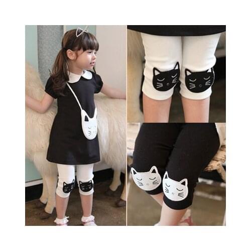 2021 Hot Summer 2-10 Years Old Baby Kids Children White Black Green Cat Print Basic Capri Thin Little Girls Knee Length Leggings