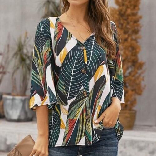 Summer Colorful T-Shirt Womens Casual Fashion Mid-sleeve Buttoned Semi-open Collar Printed Blouse Mujers camisetas de mujer