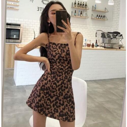 Leopard mini dress summer Womens Clothing sexy club Vintage Female off shoulder spaghetti strap dresses vetement femme new
