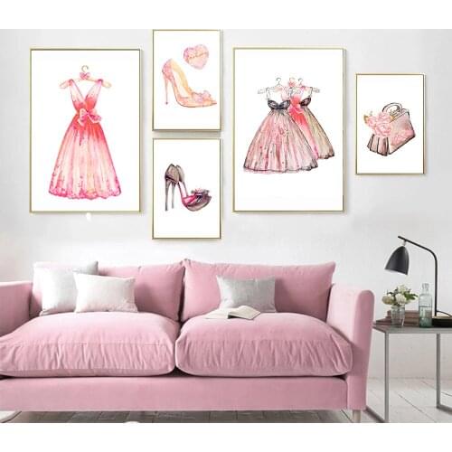 Fashion Dress High-heeled Shoes Handbag Wall Art Prints For Women Bedroom Decoration Love Heart Canvas Painting Nordic Posters