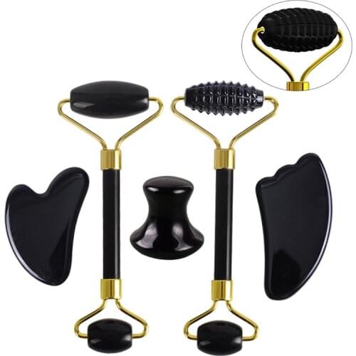 Natural Black Obsidian Jade Roller And GuaSha Set Facial Body Massager Guasha Board Scraper Face Lifting Beauty Massage Tool Set