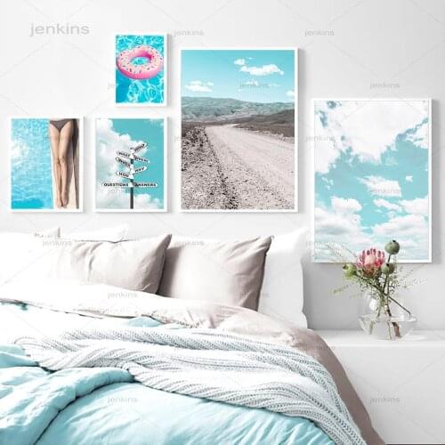 Sky Cloud Road Sign Swimming Pool Lifebuoy Wall Art Canvas Painting Nordic Posters and Print Wall Pictures for Living Room Decor