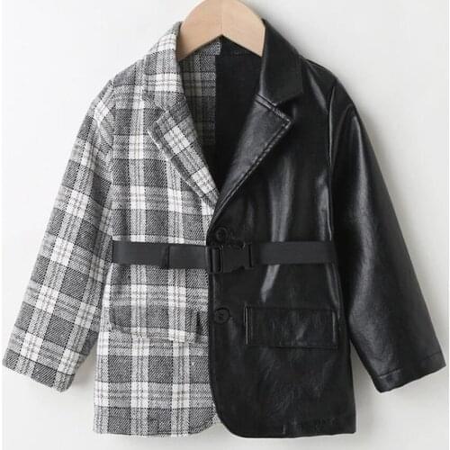 Autumn Baby Girls Pu stitching plaid Jacket Toddler Outwear Kids Fashion Faux Leather
