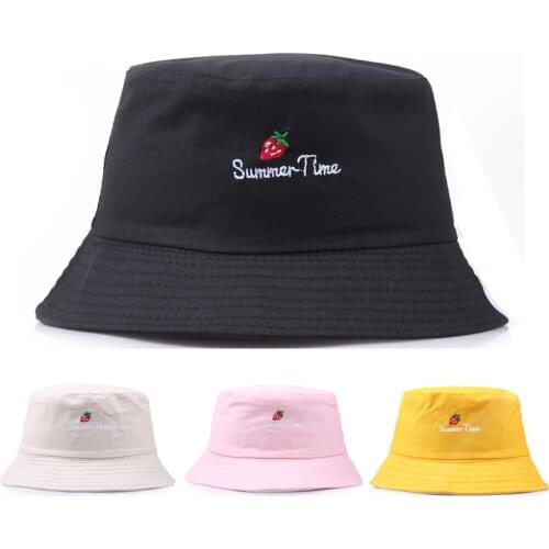 Strawberry Letter Embroidery Cute Pink Bucket Hats For Girls Summer Fishing Panama 2021 Fashion Women Men Black Fishermans Hat