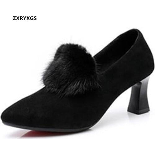 2020 New Spring Mink Fur Matte Sheepskin Black Shoes Women Pumps Fashion Leather Shoes Elegant Comfort High Heel Shoes Plus Size