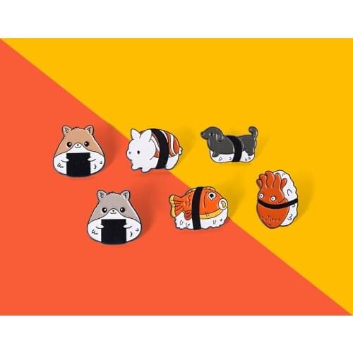 Japanese Sushi Rice Ball Enamel Pins Animalized Food Brooch Lapel Badge Bag Cartoon Animals Jewelry Gifts For Friends Wholesale
