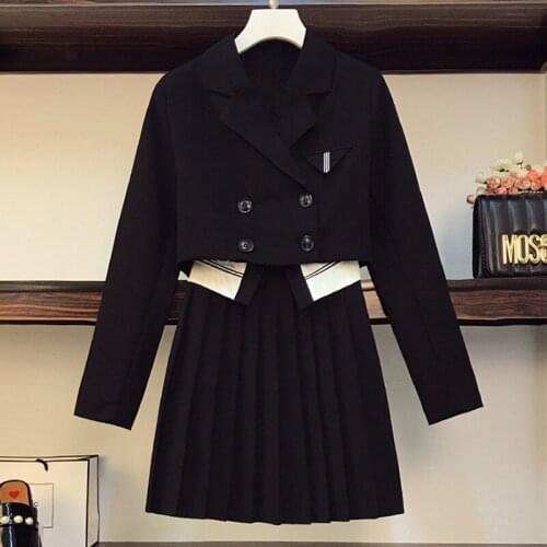 Plus Size Long sleeve Sets 2021 Autumn Women Off Short coat top & Elegant Pleated Hem Skirt Suits Female Office Work set cloth