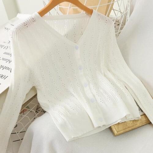 Autumn Summer Korean Cardigan Women V-Neck Long Sleeve Knitted Slim Sweater Female Cardigans Women Coat Ladies Tops
