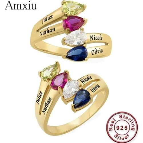 Amxiu Personalized 925 Sterling Silver Rings Engrave Four Names Ring Lovers Name with Birthstones Ring For Woman Zircon Jewelry