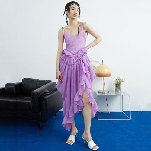 SeeBeautiful Original Design Loose Irregular Strap Dress Exposed Back Ruffles Stitching Split New Fashion Spring 2021 Women E374