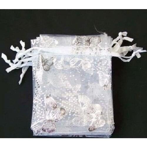 100pcs Nice butterfly Organza Pouch Wedding birthday party jewelry Gift Bag 7*9 cm white