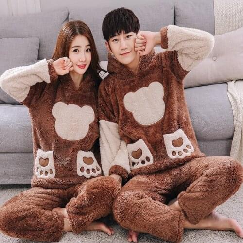 2018 Mens Plush Pajamas Hooded Full Sleeve Winter Warm Thicker Women Lounge Clothing Homewear Cute Cartoon Bear Pyjama homme